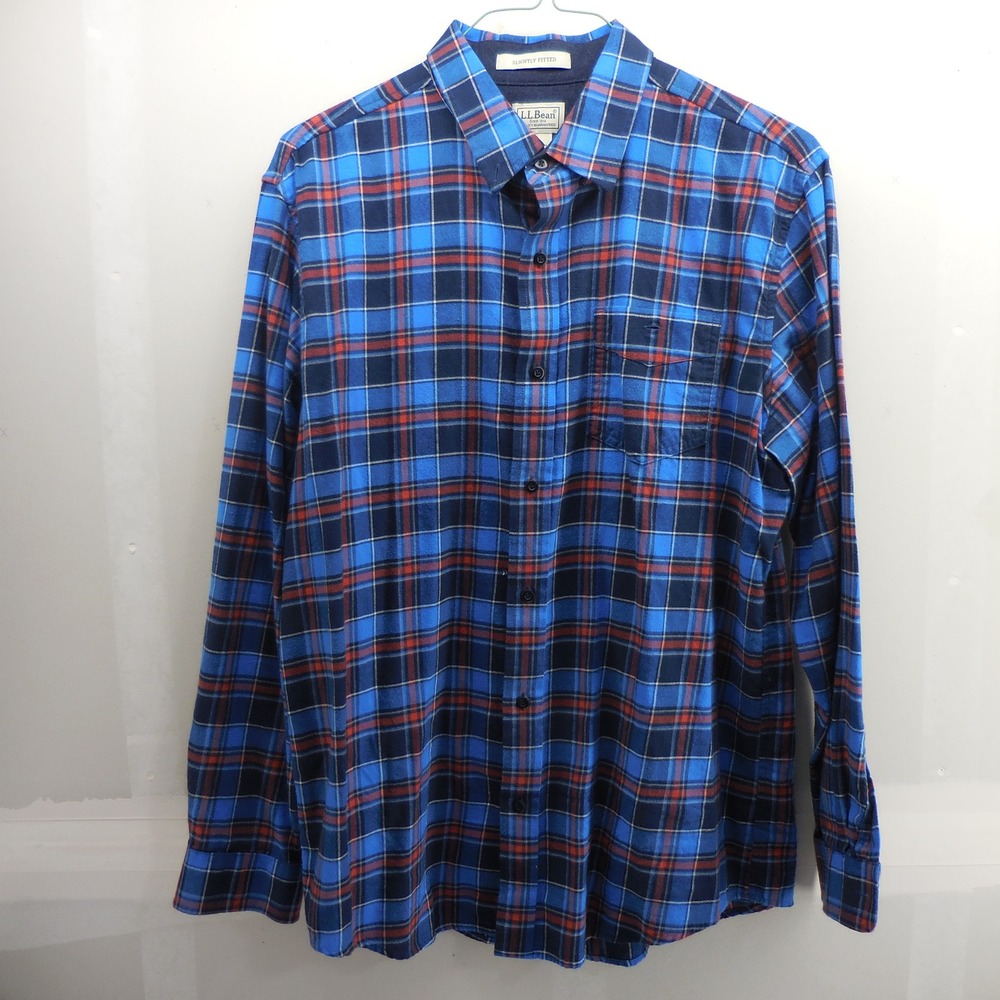LL Bean Mens Slightly Fitted Flannel Shirt Blue Orange Plaid L-REG 294213
